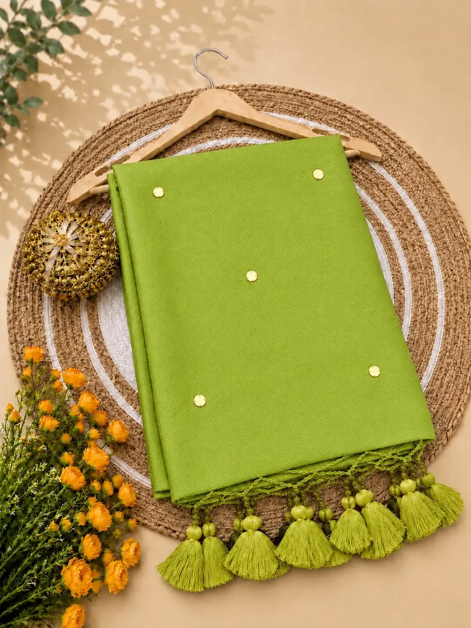 Plain Gini Work Tassel Khadhi Cotton Saree